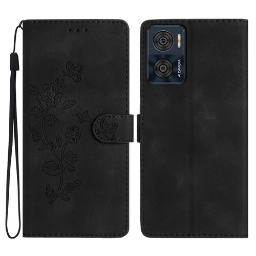 For Motorola Moto E22 Flower Butterfly Embossing Pattern Leather Phone Case(Black)