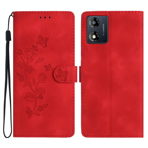 For Motorola Moto E13 Flower Butterfly Embossing Pattern Leather Phone Case(Red)