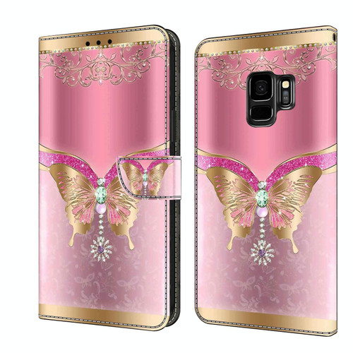 For Samsung Galaxy S9 Crystal 3D Shockproof Protective Leather Phone Case(Pink Bottom Butterfly)