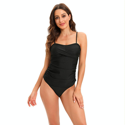 Summer Solid Color Suspender Swimsuit with Chest Pad Ruched Belly Cover Bikini, Size: L(Black)