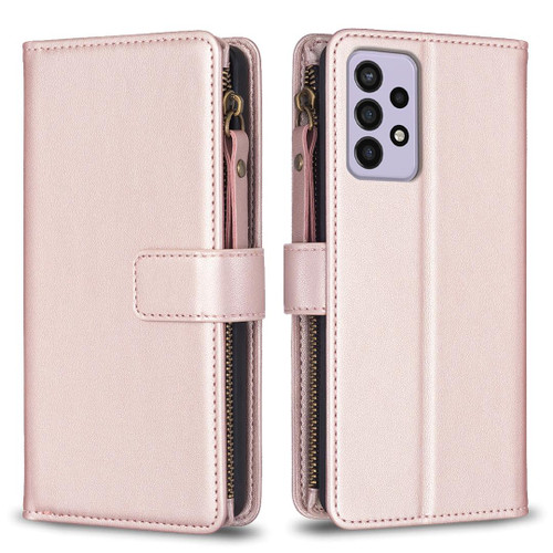 For Samsung Galaxy A33 9 Card Slots Zipper Wallet Leather Flip Phone Case(Rose Gold)