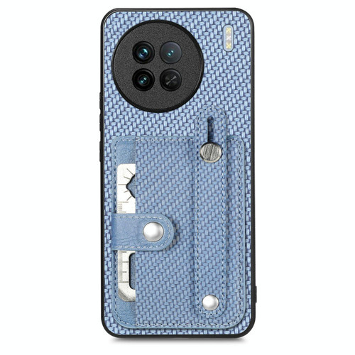 For vivo X90 Wristband Kickstand Card Wallet Back Cover Phone Case with Tool Knife(Blue)
