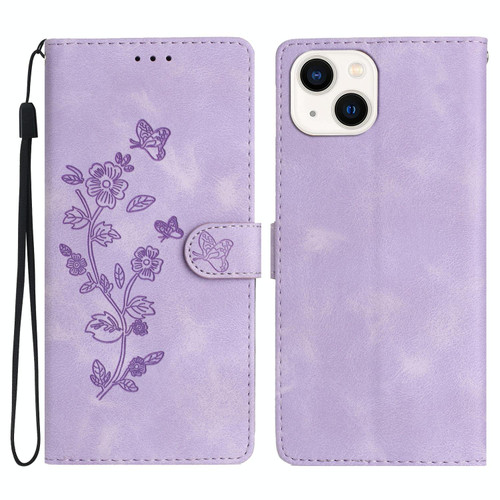 For iPhone 14 Flower Embossing Pattern Leather Phone Case(Purple)
