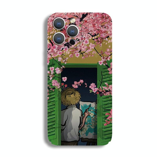 For iPhone 13 Pro Max Precise Hole Oil Painting Pattern PC Phone Case(Peach Blossom)