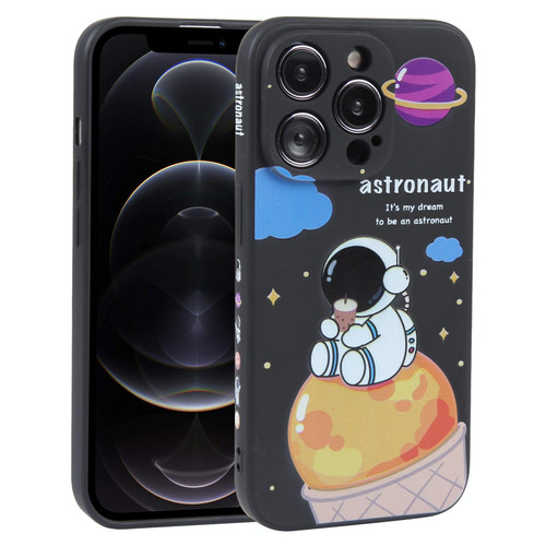 For iPhone 12 Pro Milk Tea Astronaut Pattern Liquid Silicone Phone Case(Ivory Black)