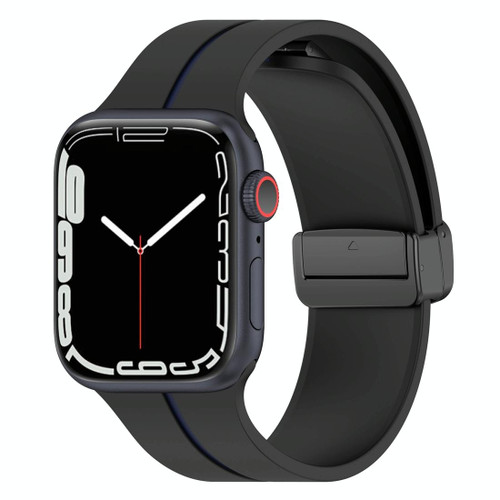 Two Color Folding Buckle Silicone Watch Band For Apple Watch 8 45mm(Black+Blue)
