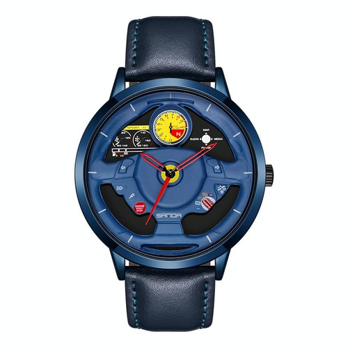 SANDA 1085 Steering Wheel Hollow Dial Waterproof Quartz Watch, Style:Leather Band(Blue)