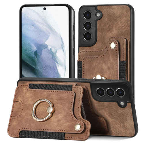 For Samsung Galaxy S21 5G Retro Skin-feel Ring Multi-card Wallet Phone Case(Brown)