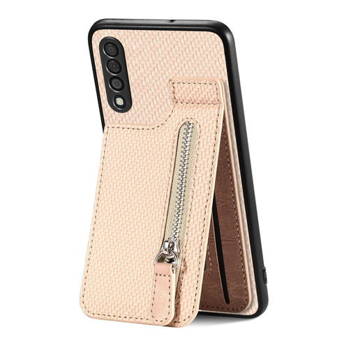 For Samsung Galaxy A50 Carbon Fiber Vertical Flip Zipper Wallet Phone Case(Khaki)