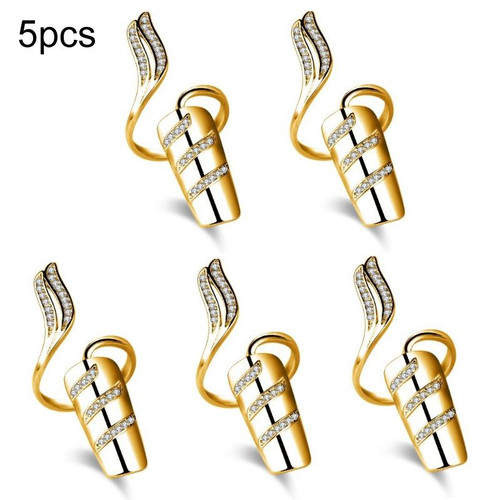 5pcs Diamond Nail Cap Jewelry Open Ring, Color: Gold Index Finger