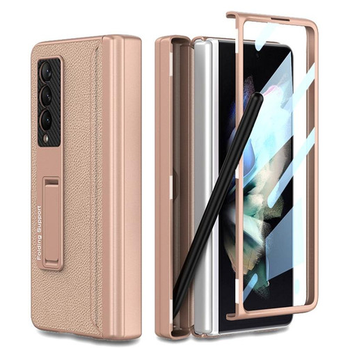 For Samsung Galaxy Z Fold3 5G GKK Magnetic Hinge Plain Leather Phone Flip Case with Pen Box(Mist Gold)