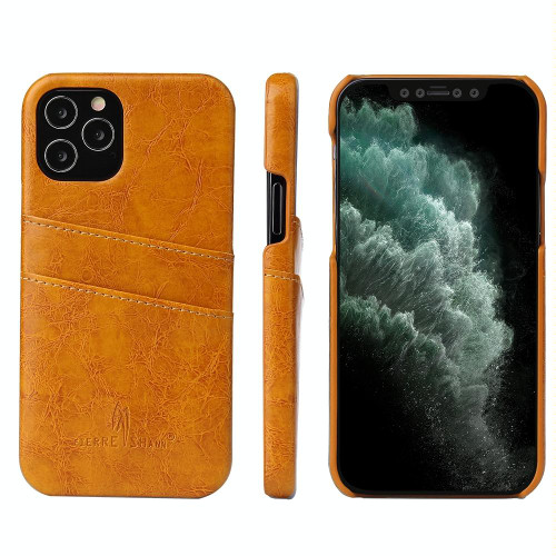 For iPhone 12 Pro Max Fierre Shann Retro Oil Wax Texture PU Leather Case with Card Slots(Yellow)