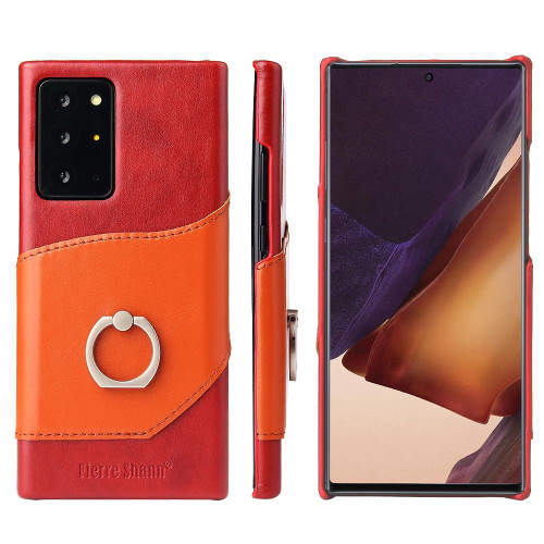 For Samsung Galaxy Note 20 Ultra Fierre Shann Oil Wax Texture Genuine Leather Back Cover Case with 360 Degree Rotation Holder & Card Slot(Red+Light Brown)