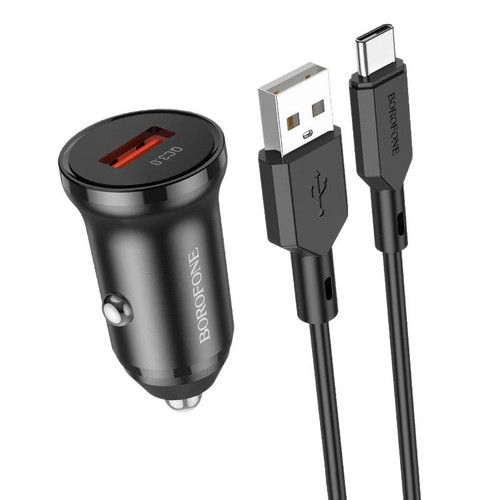 Borofone BZ18 Single USB Port QC3.0 Car Charger with Type-C / USB-C Charging Cable(Black)