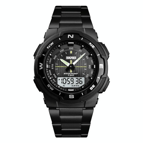 SKMEI 1370 Multifunctional Men Outdoor Sports Noctilucent Waterproof Stainless Steel Digital Wrist Watch (Black White)