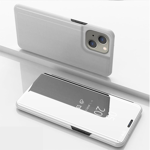 For iPhone 14 Plated Mirror Horizontal Flip Leather Phone Case with Holder (Silver)