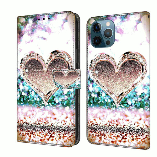 For iPhone 12 Pro Max / 13 Pro Max Crystal 3D Shockproof Protective Leather Phone Case(Pink Diamond Heart)