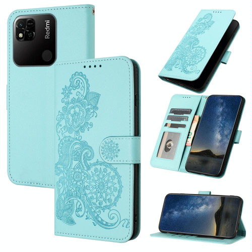 For Xiaomi Redmi 10A Datura Flower Embossed Flip Leather Phone Case(Light blue)