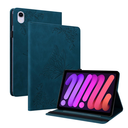 For iPad mini 6 Butterfly Flower Embossed Leather Tablet Case(Blue)