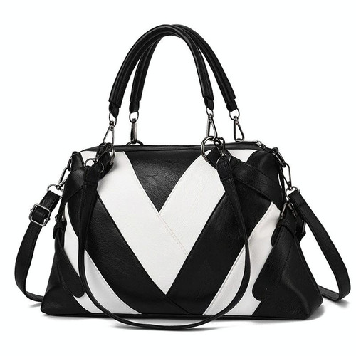 TFZ 250 Geometric Colorblock Soft Leather Handbag(Black White)