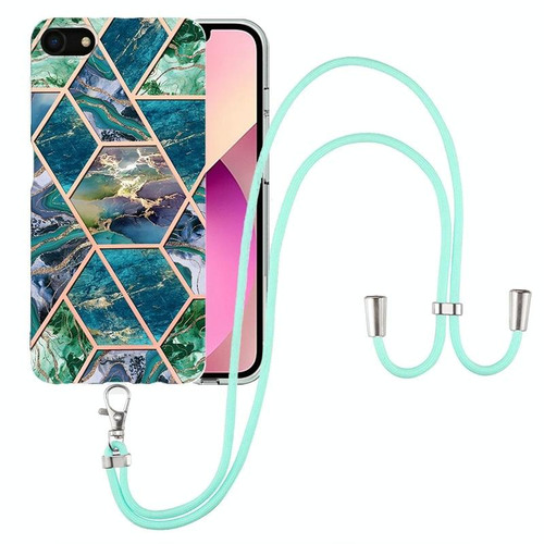For iPhone SE 2022 / SE 2020 / 8 / 7 Electroplating Splicing Marble TPU Phone Case with Lanyard(Blue Green)