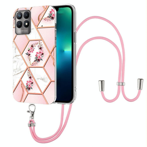 For OPPO Realme 8i Splicing Marble Flower Pattern TPU Phone Case with Lanyard(Pink Flower) For OPPO Realme 8i Splicing Marble Flower Pattern TPU Phone Case with Lanyard(Pink Flower)