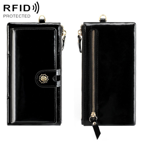 3506 RFID Anti-Degaussing Oil Wax Vintage Texture Genuine Leather Hand Held Wallet for Ladies(Black)