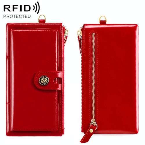 3506 RFID Anti-Degaussing Oil Wax Vintage Texture Genuine Leather Hand Held Wallet for Ladies(Red)