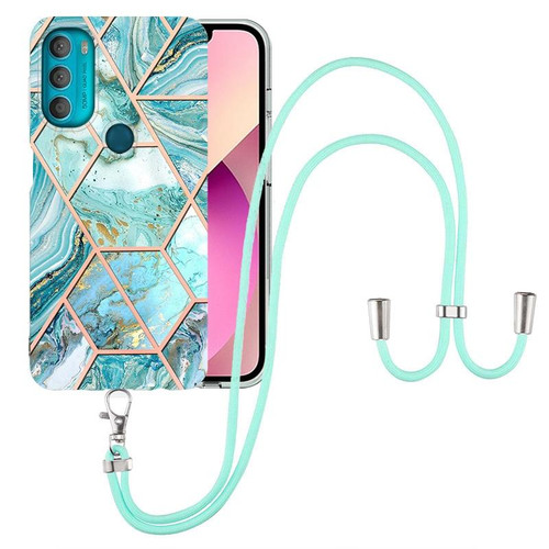 For Motorola Moto G71 5G Electroplating Splicing Marble TPU Phone Case with Lanyard(Blue)