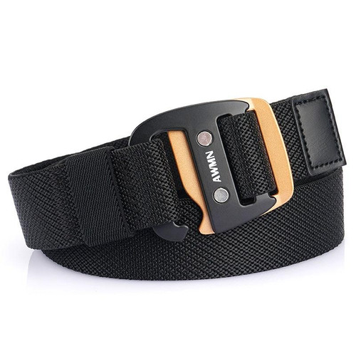 AWMN Men Casual Woven Stretch Sports Hook Buckle Belt, Length: 120cm(Black)