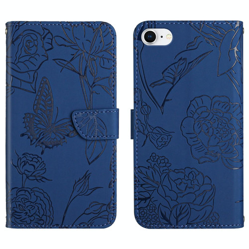 For iPhone SE 2022 / SE 2020 / 8 / 7 Skin Feel Butterfly Peony Embossed Leather Phone Case(Blue)