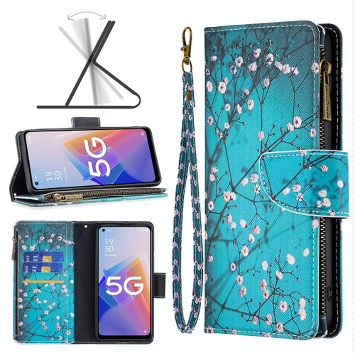 For OPPO A96 5G Colored Drawing Pattern Zipper Leather Phone Case(Plum Blossom)
