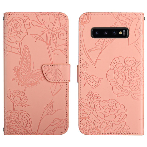For Samsung Galaxy S10+ Skin Feel Butterfly Peony Embossed Leather Phone Case(Pink)