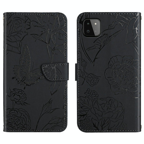 For Samsung Galaxy A22 5G Skin Feel Butterfly Peony Embossed Leather Phone Case(Black)