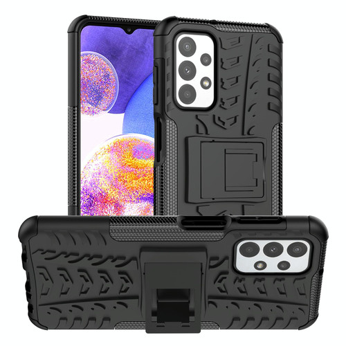 For Samsung Galaxy A23 Tire Texture Shockproof TPU+PC Phone Case with Holder(Black)