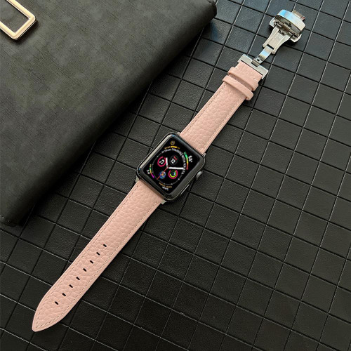 Lychee Genuine Leather Watch Band For Apple Watch Series 9&8&7 41mm / SE 3&SE 2&6&SE&5&4 40mm / 3&2&1 38mm(Sand Pink)
