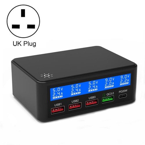 618 QC3.0 + PD20W + 3 x USB Ports Charger with Smart LCD Display, UK Plug  (Black)
