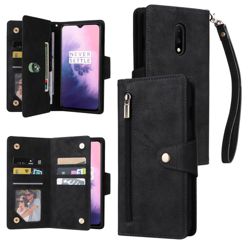 For OnePlus 7 Rivet Buckle 9 Cards Three Fold Leather Phone Case(Black)