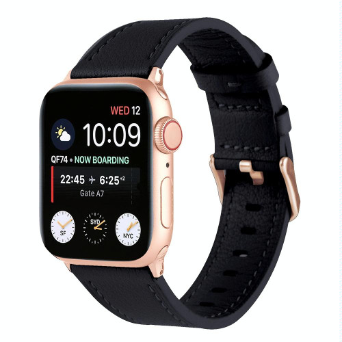 Small Waist Genuine Leather Watch Band For Apple Watch Series 9&8&7 41mm / SE 3&SE 2&6&SE&5&4 40mm / 3&2&1 38mm(Black)
