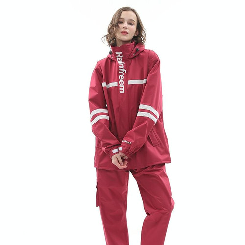 Raninfreem Outdoor Fashion Double Riding Reflection Raincoat Rain Pants Suit S(Jujube Red)
