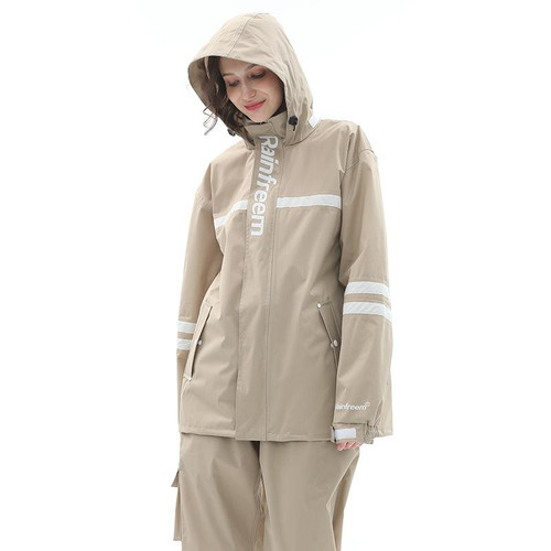 Raninfreem Outdoor Fashion Double Riding Reflection Raincoat Rain Pants Suit L(Light Brown)