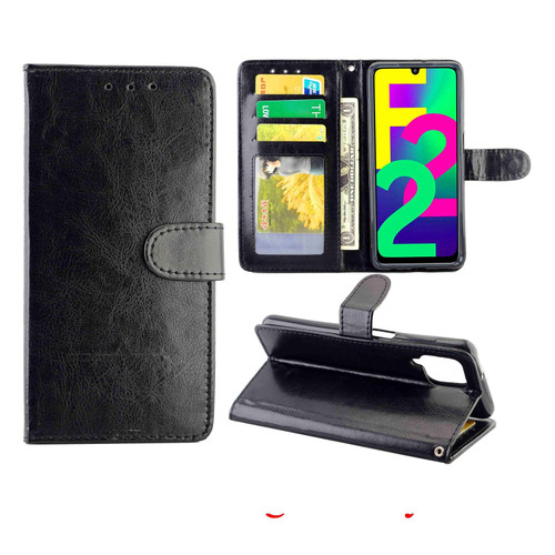 For Samsung Galaxy F22 Crazy Horse Texture Leather Horizontal Flip Protective Case with Holder & Card Slots & Wallet & Photo Frame(Black)