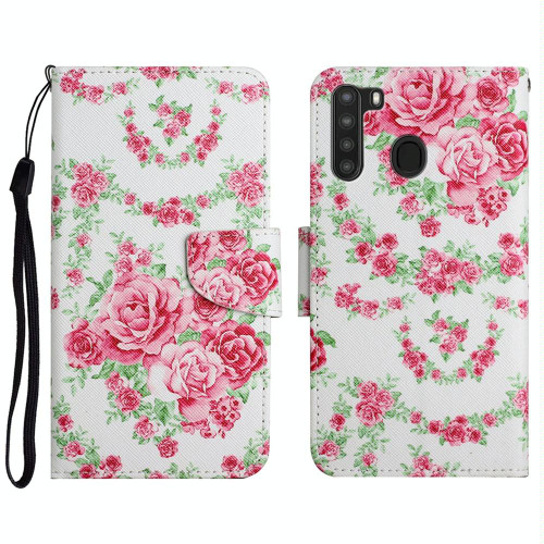 For Samsung Galaxy A21 Painted Pattern Horizontal Flip Leather Case with Holder & Card Slot & Wallet(Rose Flower)