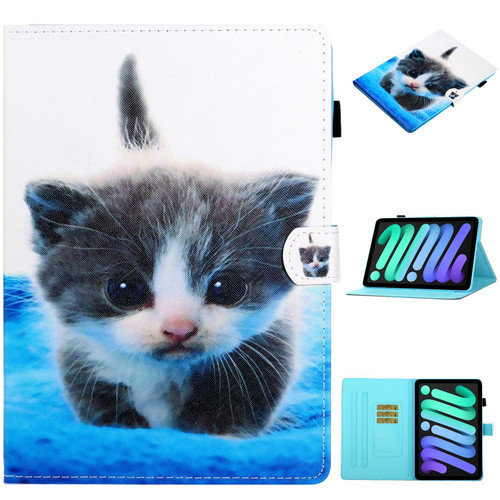 For iPad mini 6 Coloured Drawing Horizontal Flip Leather Tablet Case with Holder & Card Slot & Sleep / Wake-up Function(Blue White Cat)