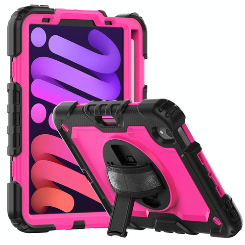 For iPad mini 6 Shockproof Silicone + PC Protective Tablet Case with Holder & Shoulder Strap & Pen Slot(Rose Red + Black)