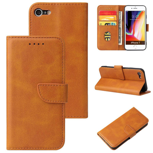 For iPhone SE 2022 / SE 2020 / 8 / 7 Calf Texture Buckle Horizontal Flip Leather Case with Holder & Card Slots & Wallet(Khaki)