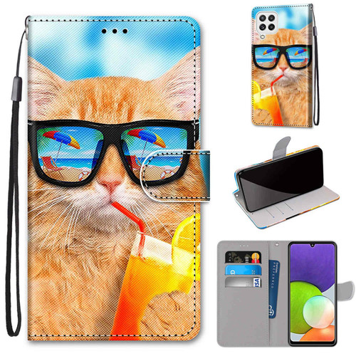 For Samsung Galaxy A22 4G Coloured Drawing Cross Texture Horizontal Flip PU Leather Case with Holder & Card Slots & Wallet & Lanyard(Cat Drinking Soda)