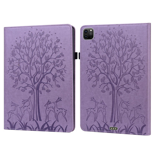 For iPad Air 2020 / Pro 11 2020 Tree & Deer Pattern Pressed Printing Horizontal Flip PU Leather Tablet Case with Holder & Card Slots & Sleep / Wake-up Function(Purple)