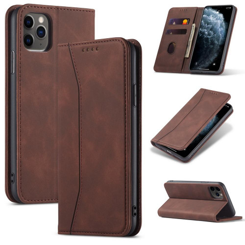 For iPhone 13 Pro Max Skin-feel Calfskin Texture Magnetic Dual-Fold Horizontal Flip Leather Case with Holder & Card Slots & Wallet (Coffee)