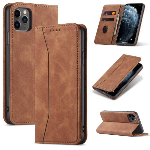 For iPhone 13 Pro Max Skin-feel Calfskin Texture Magnetic Dual-Fold Horizontal Flip Leather Case with Holder & Card Slots & Wallet (Brown)